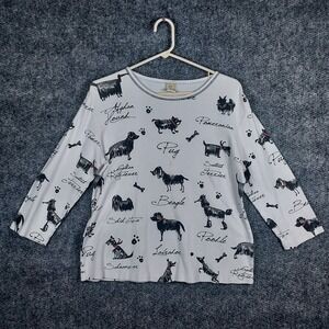 Jess & Jane Shirt Womens Size Large White Dog Print Rhinestone 3/4 Sleeve Top